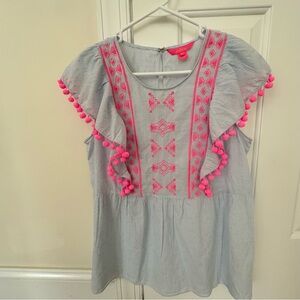 LILLY PULITZER Raquelle Top Bluebell Blue, Swiss Dot Dobby, Pink PomPom size M